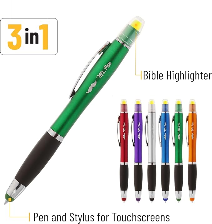 Mr. Pen- Bible Highlighter With Pen and Stylus for Touchscreens, 3 in 1, 6 pcs, Colorful Barrels, Yellow Highlighters, Black Ballpoint Pens, Highlighter Pen, Bible Pen, Bible Journaling Kit