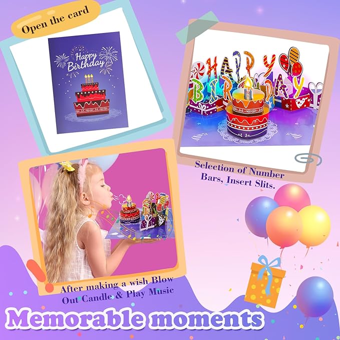 Customizable Age 3D Birthday Card – LED Light, Blowable Candle & Music Pop-Up Greeting Card for Women, Men (1-100 Years) Purple Gold