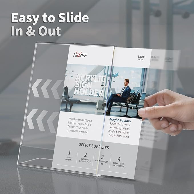 NIUBEE 6Pack 8.5x11 Acrylic Sign Holder with Vertical Slanted Back, Clear Plastic Sign Stand Frames, Flyer Document Paper Display Stand for Office Desktop