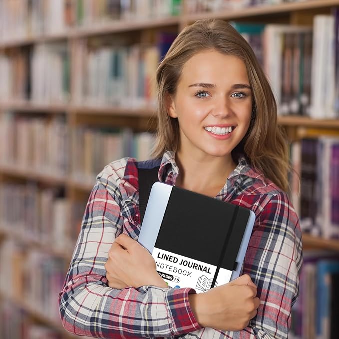 Lined Journal Notebooks for Women and Men, A5 100gsm Hardcover Notebook with Pen Loop, 160 Pages, 5.7" X 8.3", Notebook for Student, Office, School (Black)