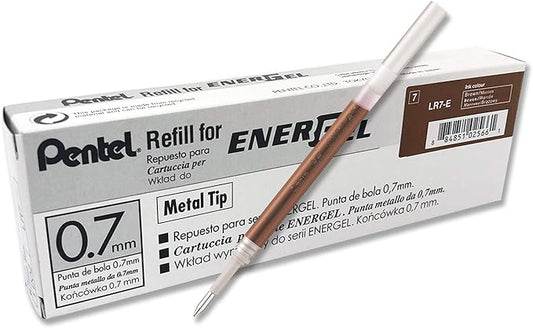 Pentel Refill Ink for EnerGel RTX Retractable Gel Pen 12 Pack, 0.7mm, Medium Point, Brown (LR7-E)