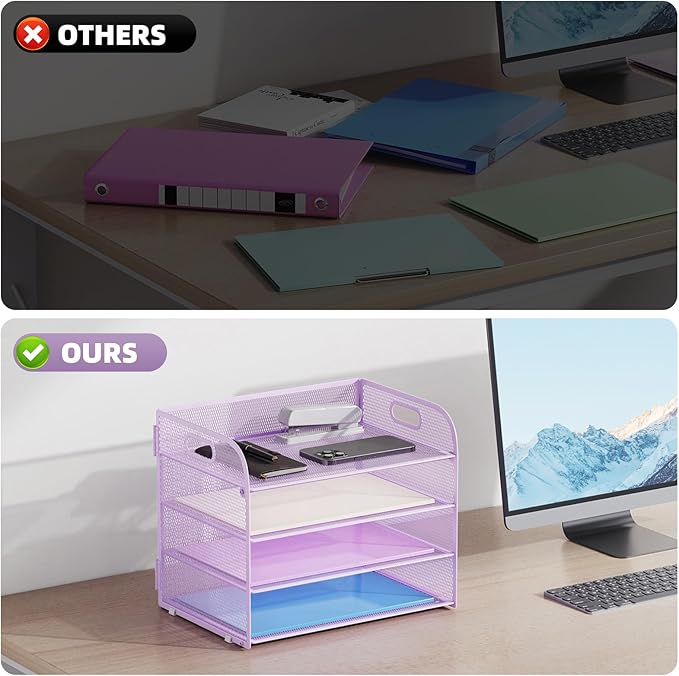 Marbrasse 4 Tier Paper Organizer Letter Tray - Mesh Desk File Organizer with Handle, Paper Sorter Organizer for Letter/A4 Office File Folder Holder (Purple, 12.6" x 9.1" x 10.7")