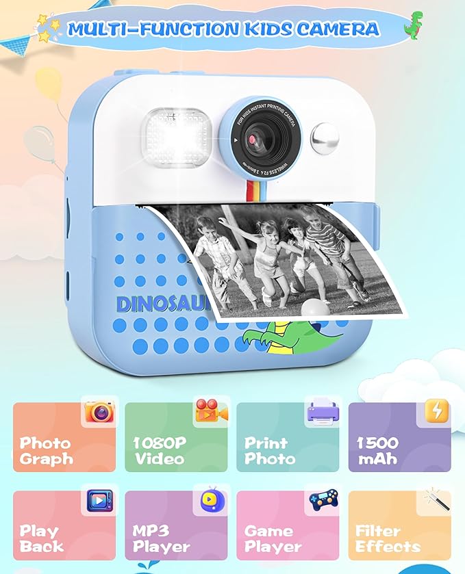 Kids Camera Instant Print, Birthday Day Gifts for Kids Boys Age 3-12, Kids Digital Camera with 1080P Videos, Toddler Toys for 4 5 6 7 8 9 Year Old Boys Girls, Blue