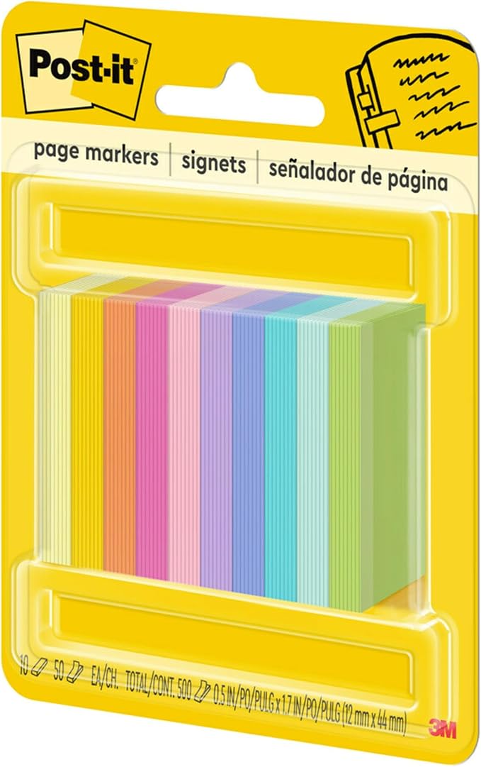 Post-it Page Markers, Assorted Bright Colors, 1/2 in x 2 in, 50 Markers/Pad, 10 Pads/Pack (670-10AB)