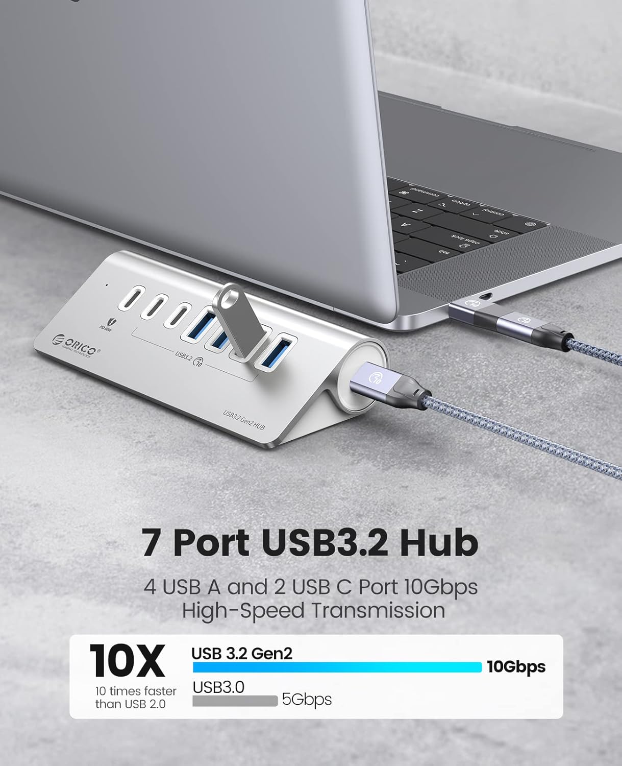 ORICO 7 Port USB Hub 10Gbps, Aluminum USB 3.2 Gen 2 Hub, 6 USB 3.2 Data Ports, PD 60W Ports, 1.64Ft C to C Cable, USB Data Hub for Laptop