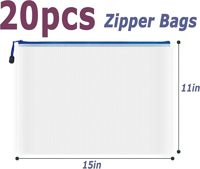 AUSTARK 20 Pcs Zipper File Bags, Plastic Mesh Pouch, Board Game Storage Bag, Waterproof Bags for Office School (B4 Size 15''x11'', White and Blue)
