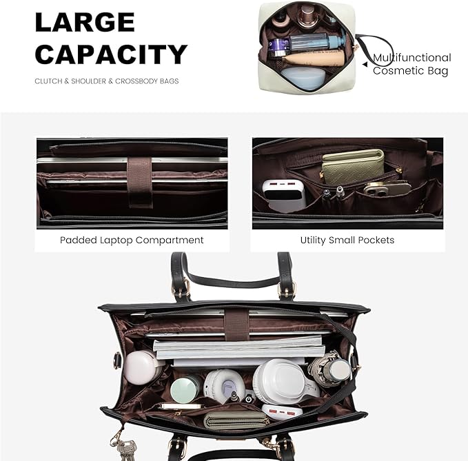 T's Luxury Laptop Tote Bag For Women 15.6 Inch Canvas Bag With Vegan Leather Trim Briefcase Computer Bag With Clutch Purse For Office Business,Travel, Beige and Black.