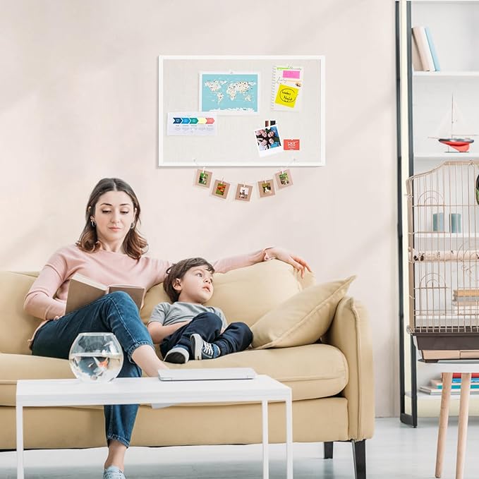 OWLKELA 17"x23" inch Linen Cork Board, White Frame, with 20 Pushpins, Bulletin Board with Linen, Ideal for School, Home & Office