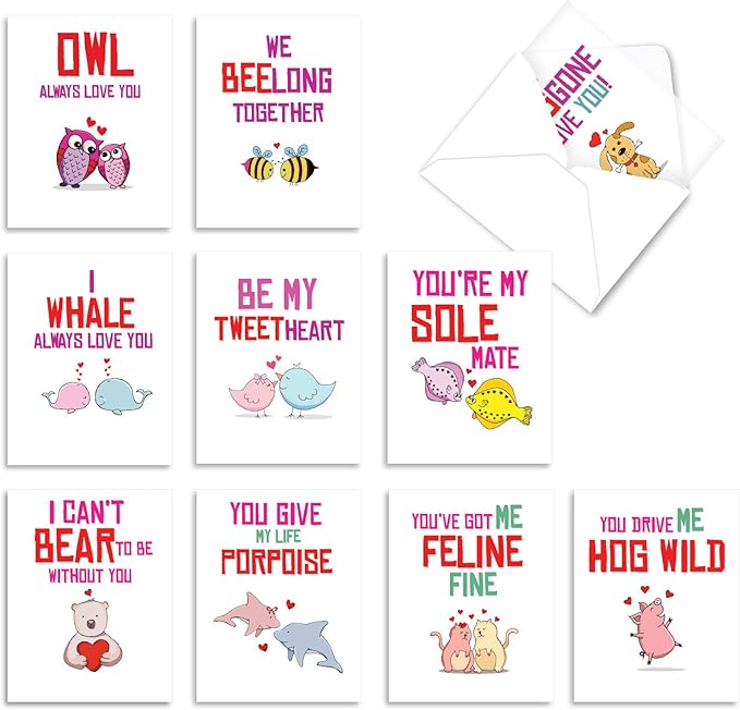 The Best Card Company - 10 Funny Assorted Blank Humor Notecards Box Set 4 x 5.12 Inch w/Envelopes Play on Words for Men, Women (10 Designs, 1 Each) - Loving Puns Gone Wild M5660OCB-B1x10