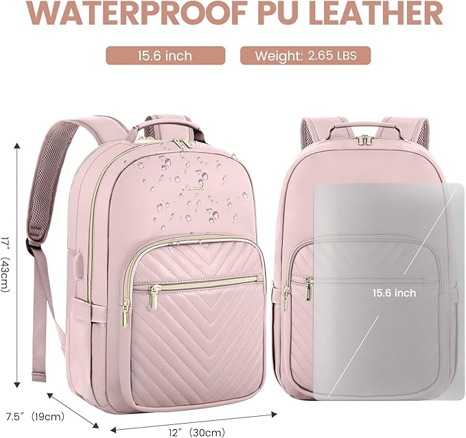 LOVEVOOK Leather Backpack for Women,15.6 inch Leather Laptop Backpack Women Computer Backpack Laptop Bag,Stylish Quilted Travel Backpack Purse Work Bag College Teacher Backpack with USB Port,Rose Pink