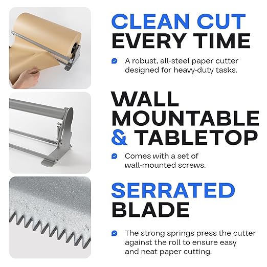 IDL Packaging 48" Kraft Paper Roll Dispenser & Cutter for Rolls up to 48" Wide and 9" in Diameter - Tabletop Reinforced Steel Paper Holder with a Cutter - for Kraft and Butcher Paper