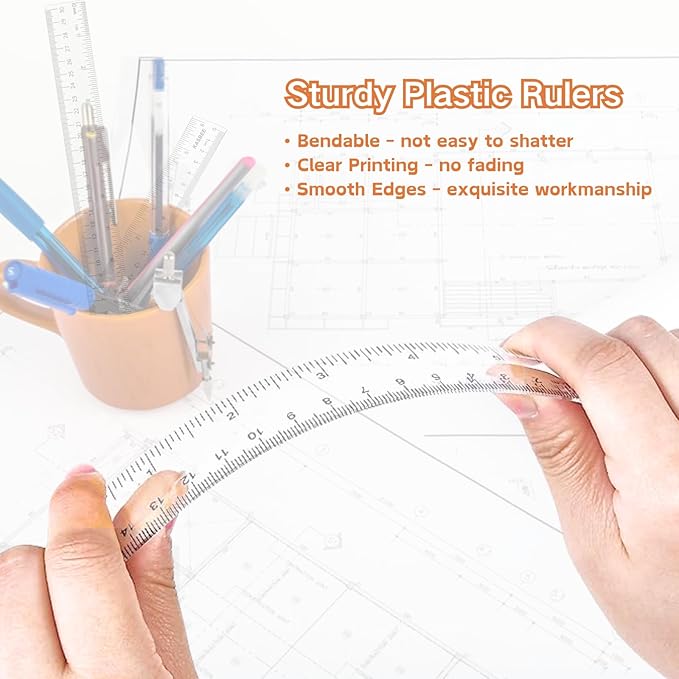 Plastic Rulers, 6 Inch Ruler, 12 Inch Ruler, Clear Ruler with Centimeters and Inches, Straight Plastic Ruler Set for Students School and Office
