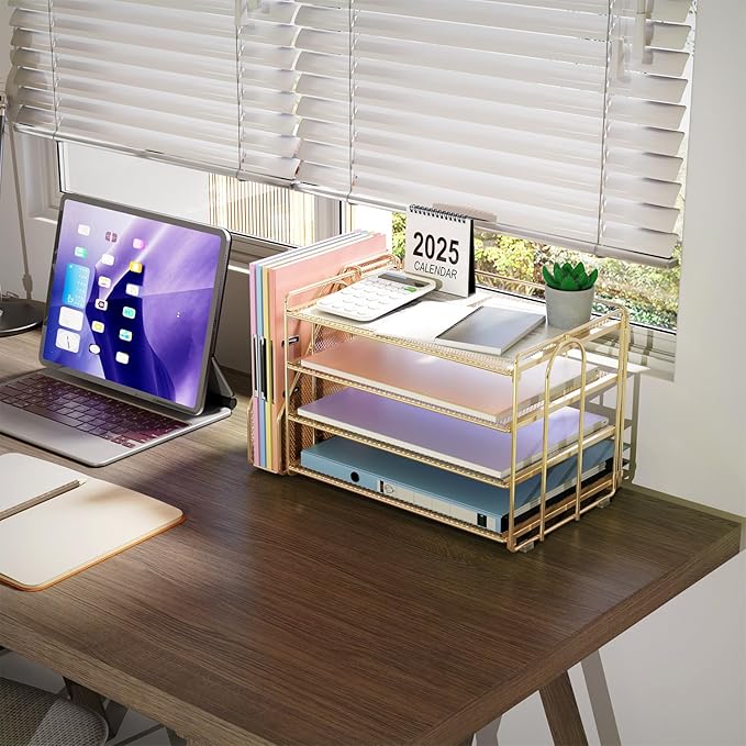 gianotter 4-Tier Paper Organizer With Magazine Holder, Desk Organizers and Accessories, Gold Desk Accessories, File Organizer for Office Supplies Storag(Gold)