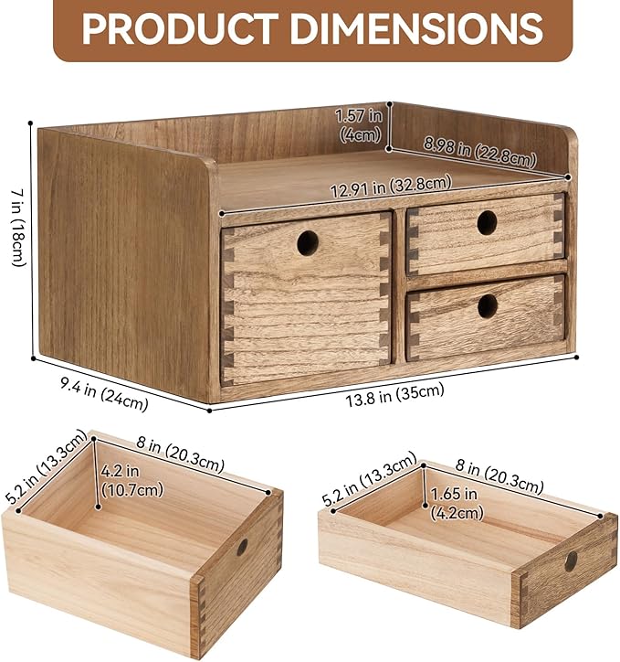 KIRIGEN Desk Organizer with 3 Drawers - Wood Drawer Storage Box with Trays for Tabletop - Workspace Office Toiletries Supplies Tool Caddy - Wooden Storage Cabinet1 Layer Dark Brown（DT1D3C-DBR）