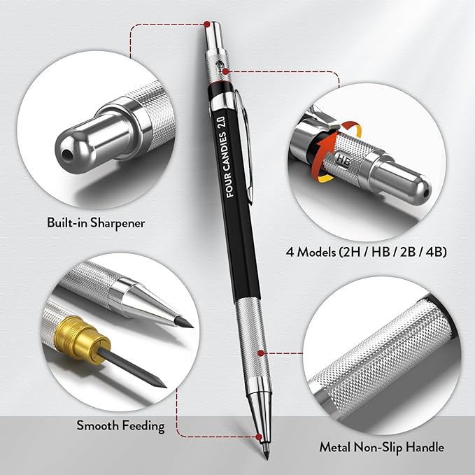 Four Candies 2MM Mechanical Pencil Set with case, Artist Lead Pencil Metal Lead Holder with 60PCS Graphite Lead Refill (HB, 2H, 2B, 4B, Color) kneaded eraser, Sharpener for Writing, Drawing, Sketching