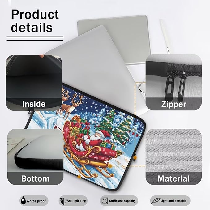 Santa Claus Lap Top Case for Women Girls 17 inch Laptop Sleeve Portable Computer Sleeve Bag Christmas Laptop Protector with Multiple Uses Women Teens Tablet Bag