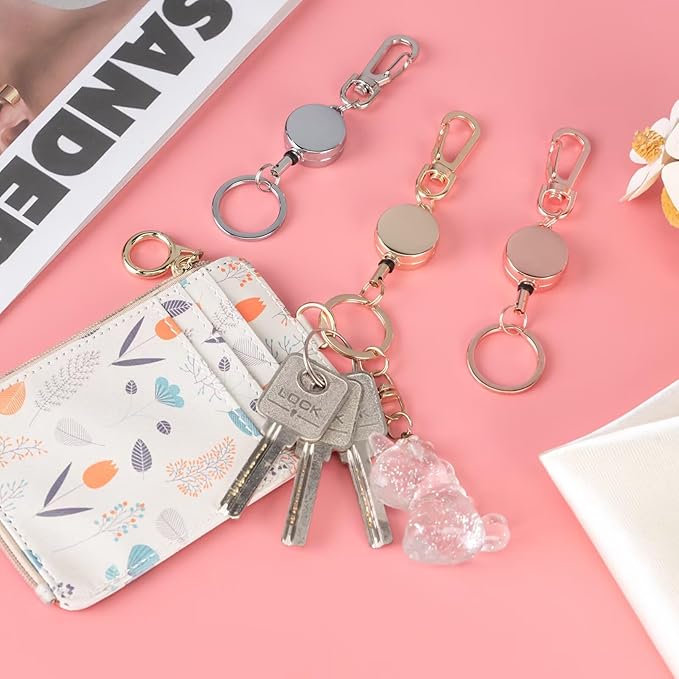 Cute Retractable Badge Reels with Key Ring & Carabiner Belt Clip,2 Pack Glittery Metal Retractable Keychain for ID Cards Name Holder Nurse, Teacher, Students (Silver, Bling Blue)