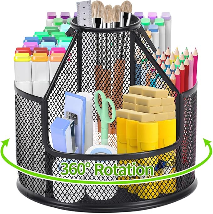 Pencil Holder, Rotating Desk Organizer, Metal Pen Organizer Mesh Pen Holder Office Desk Accessories Cute Office, School, Home,Art Suppliers (Black)