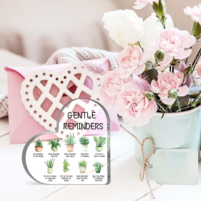 Gentle Reminders Decor, Positive Affirmations Desktop Art Decorations for Home Therapy Office School Counselling Office Mental Health Awareness Gifts, Positive Affirmations Heart Acrylic Decor