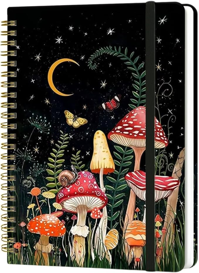 Spiral Notebook - A5 Spiral Notebooks, 8.3'' × 5.8'', 160 Pages, Aesthetic Journaling Notebooks for Women, College Lined Notebook with Elastic Closure, Back Pocket, for School Office, Mushroom House