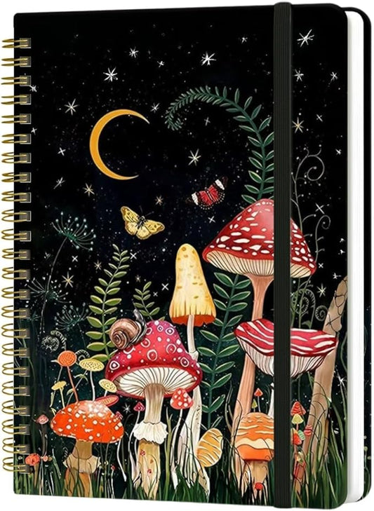 Spiral Notebook - A5 Spiral Notebooks, 8.3'' × 5.8'', 160 Pages, Aesthetic Journaling Notebooks for Women, College Lined Notebook with Elastic Closure, Back Pocket, for School Office, Mushroom House