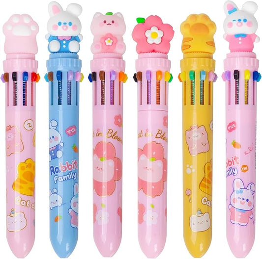 Multicolor Ballpoint Pen 0.7 mm, 10-in-1 Colored Pens Fine Point Retractable Cute Cartoon Ballpoint Pens for Office School Students Kids Christmas Gift, 6 Pack