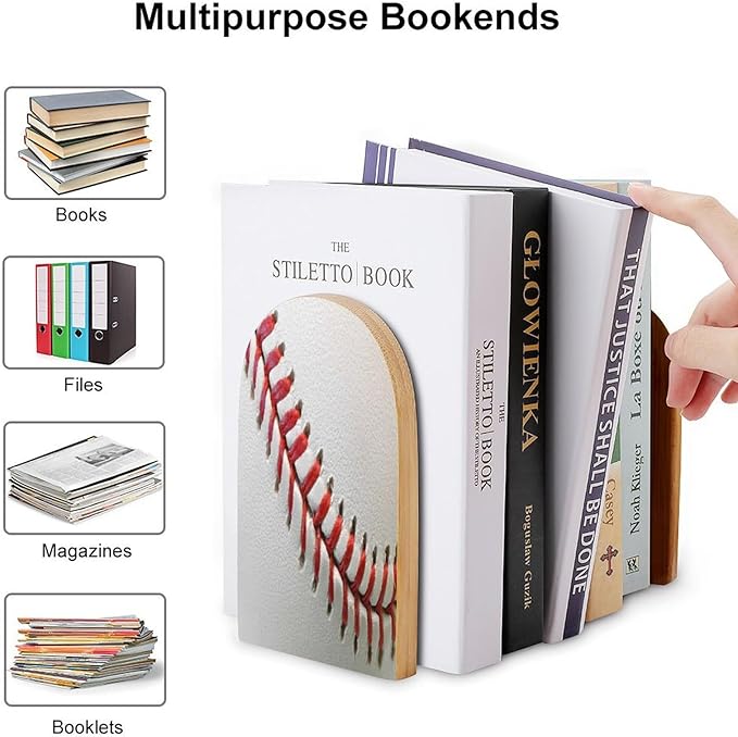 Sport Ball Baseball Lace Wooden Large Book Ends Bookends for Shelves, 2 Pack Non-Skid Bookends for Heave Books, Book Stoppers Holders for Kitchen Office Library, 6.7x4.7x3.9in