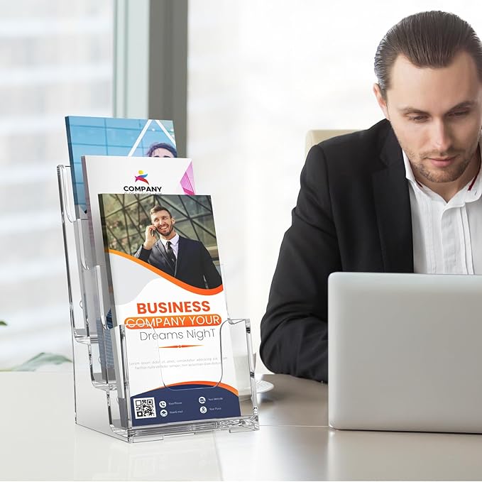 MaxGear Acrylic Brochure Holder, 4-Inch Wide 3 Tier Brochure Display Stand Clear Literature Holder Premium Acrylic Pamphlet Holder Multi Pocket, Wall Mount or Counter Top Use(2 Pack)