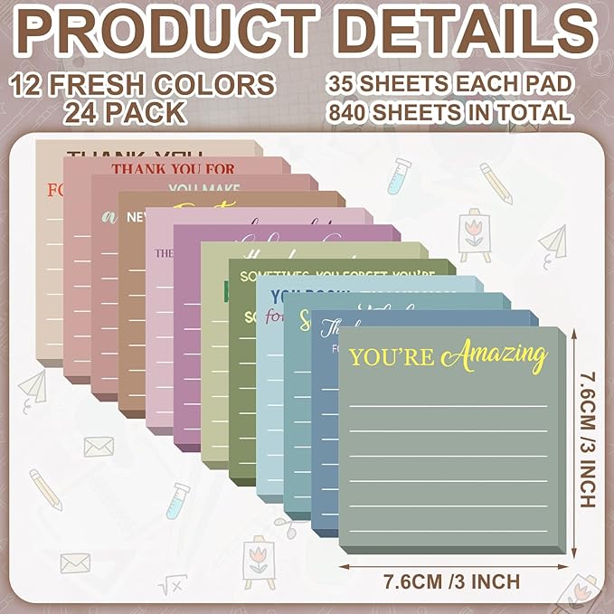 Yinder 24 Pcs Employee Appreciation Sticky Notes Thank You Gifts Bulk Note Pads with Sayings Teacher Gift Mini Pocket Inspirational Notepads for Coworker Office Supply 3 x 3''(Morandi,Thanks)