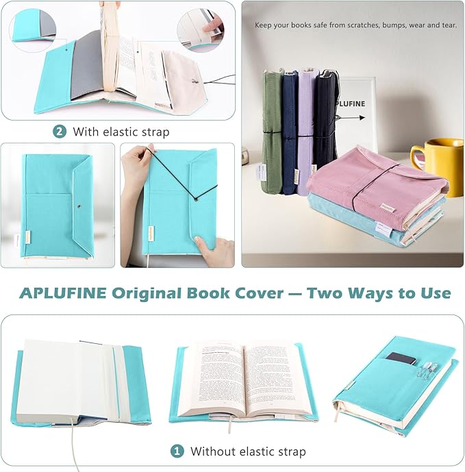 Canvas Book Covers, Washable Book Protector, Book Cover for Paperback Novels, Adjustable Book Cover for Hardcover with Pockets for Pen, Soft Cover Books, Book Lovers Gifts