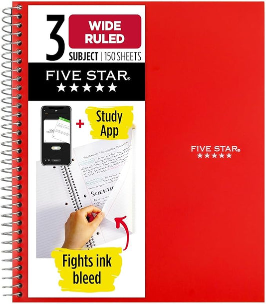 Five Star Spiral Notebook + Study App, 3 Subject, Wide Ruled Paper, 10-1/2" x 8", 150 Sheets, Red (72029)
