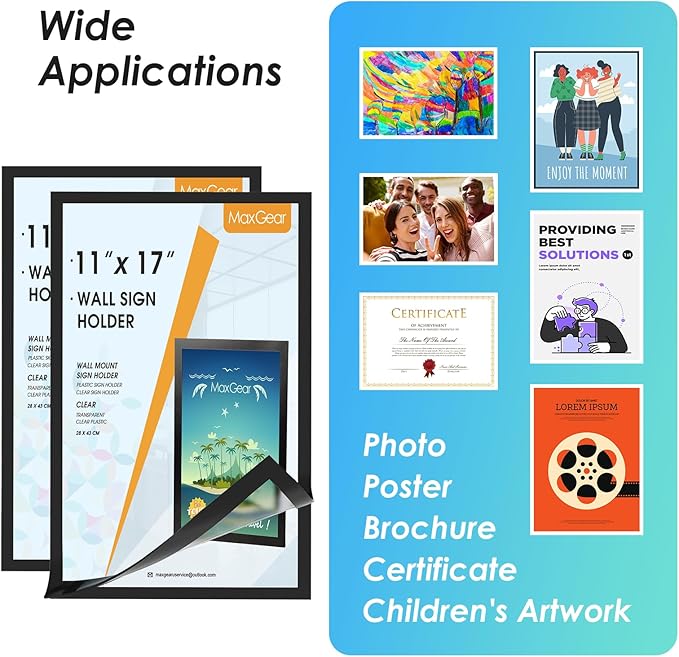 MaxGear 10 Pack Magnetic Sign Holder 11 x 17, Self Adhesive Wall Mount Sign Holder Display Picture Frames Window Sign Holder, Document Poster Paper Flyer Holder for Home Office Store