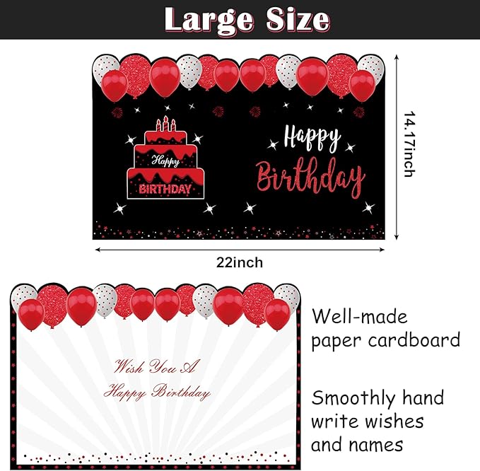 Jumbo Birthday Card with Envelope, Giant Guest Book Happy Birthday Greeting Cards, Large Birthday Card Gifts Party Supplies, Red Black Extra Big Birthday Card Decor