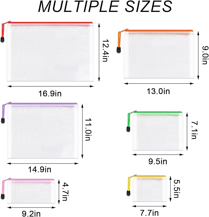 Umriox Zipper Bags, 6 Assorted Size (6 Colors, 12 Packs), Project Bags for Cross Stitch, Mesh Zipper Pouch for Office Supplies Travel Accessories and Board Games Storage