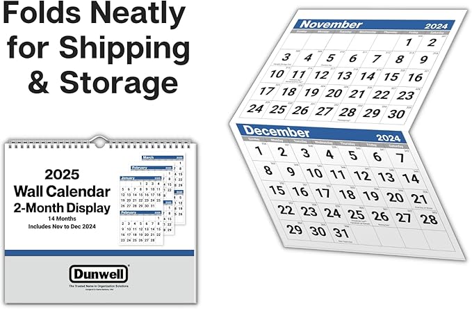 Dunwell 2-Month View Wall Calendar 2025, 11x17" Open, Use to Dec 2025, 2 Month Display, Vertical Two Months Wall Calendar for Office, Ships Folded