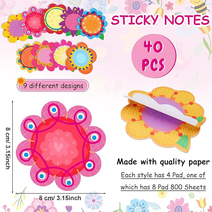 Geyee 80 Pcs Flower Theme Sticky Notes and Pens Set, Floral Memo Pads Colorful Flower Ballpoint Pens Foral Party Gift Supplies for Student Classroom School Theme Birthday Party Gift Favors