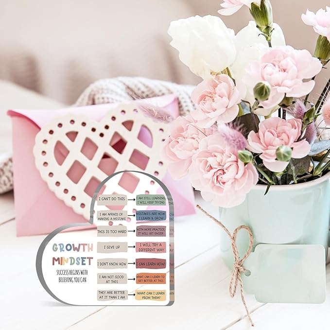 Growth Mindset Decor, Mental Health Therapy Office Classroom Art Educational Acrylic Heart Inspirational Gift Change Your Mindset Decorations Positive Sayings Gifts for Teacher Students School