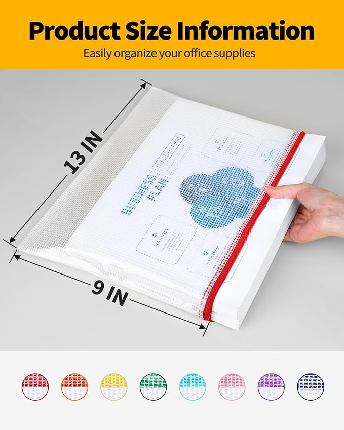 SUNEE Mesh Zipper Pouch 9x13 in (6 Colors, 24 Packs),Extra Large Water-Resistant Zip Bag for School Office Supplies, Puzzles & Games Organizing Storage