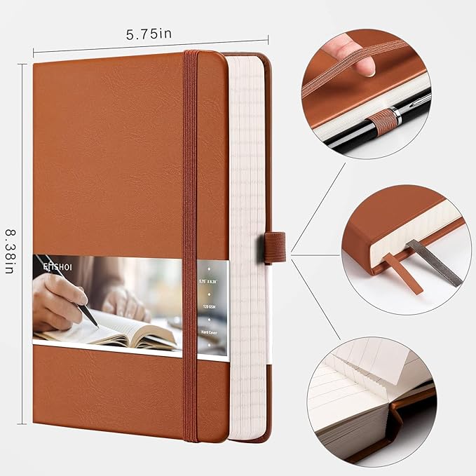 EMSHOI Lined Journaling Notebooks - 120gsm Thick Leather Journal with Sticky Notes, 256 Numbered Pages A5 Hardcover College Ruled Notebook for Women Men Work School Writing, 5.75" x 8.38"-Brown
