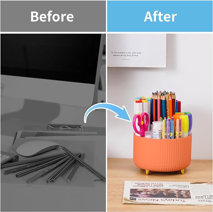Marbrasse Desk Organizer, 360-Degree Rotating Pen Holder for Desk, Desk Organizers and Accessories with 5 Compartments Pencil Organizer, Art Supply Storage Box Caddy for Office, Home （Orange）