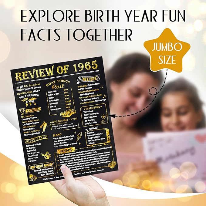 60th Birthday Card for Men Husband, Jumbo Pop Up 60 Year Old Birthday Cards for Women Men, Happy 60th Gifts for Him Her, Jumbo 60 Year Old Birth day Card, Review of 1965, Black Gold (8''x10'')
