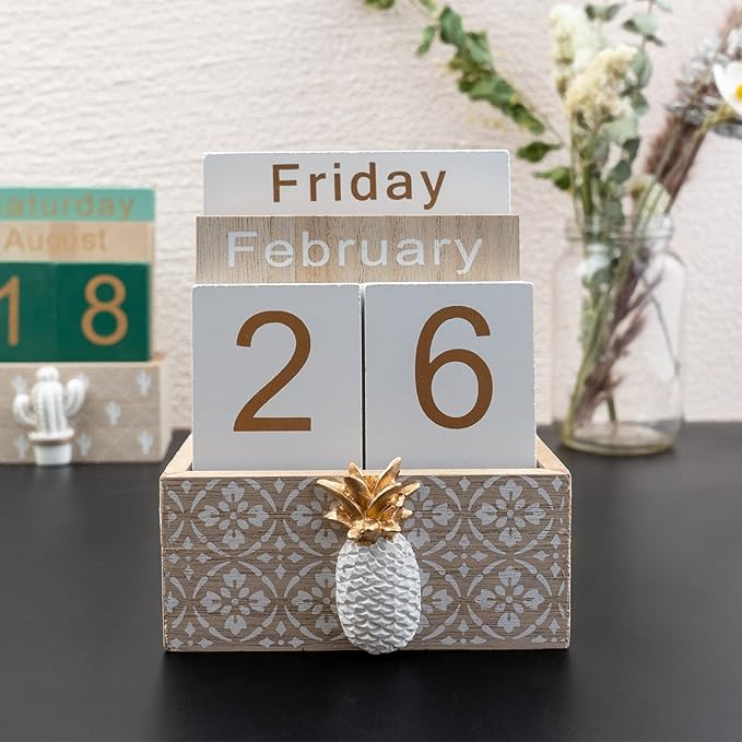 Notakia Vintage Wood Block Perpetual Calendar Month Week Date Display for Home Office Desk Rustic Decoration, Brown pineapple