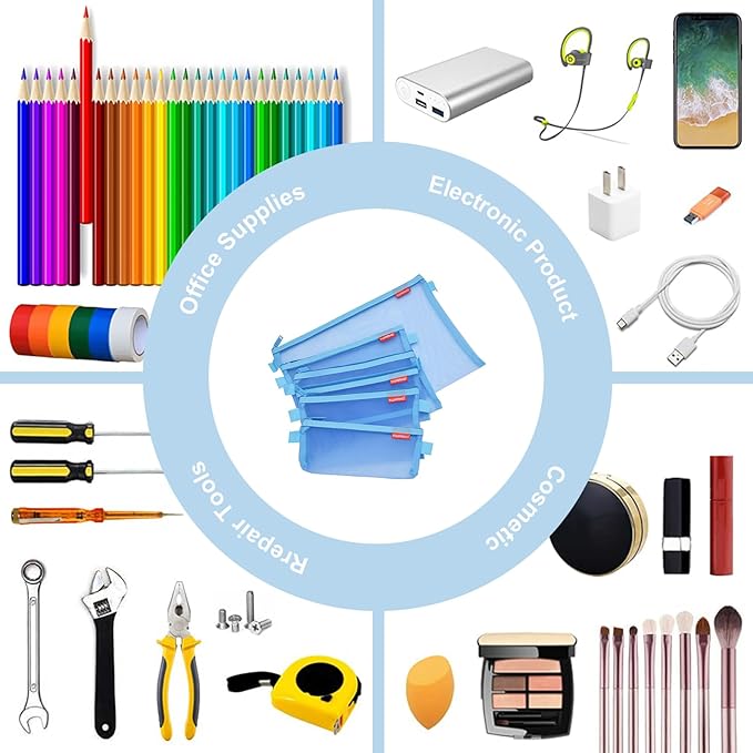 Pendancy Mesh Zipper Pouch 5pcs Lightweight Nylon File Folders Document Organizer Cosmetic Bags Accessories Storage for Travel and Office Supplies (Blue, A4 A5 A6)