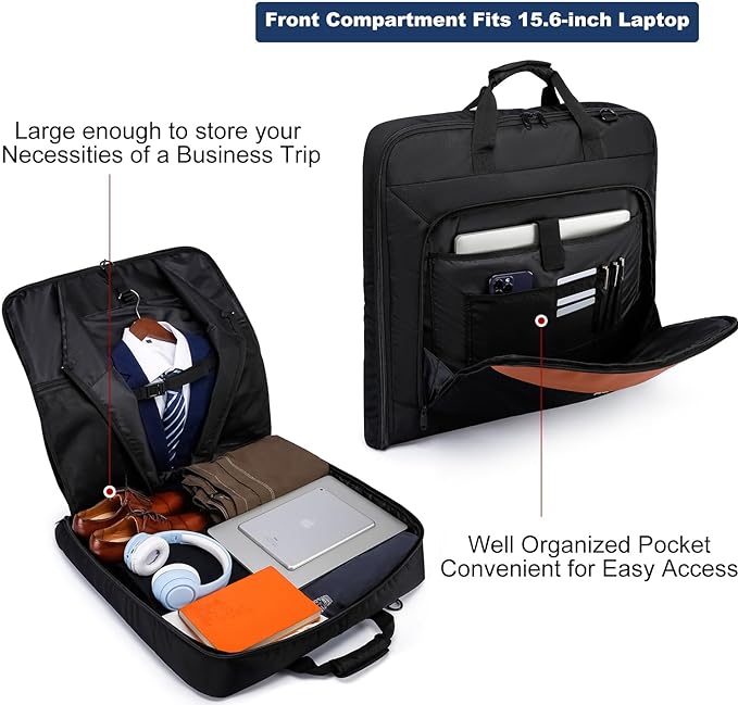 Garment Bag Travel Suit Bag for Men Large 40-Inch Carry on Garment Bag Up to 3 Suits for Business Trips,2 in 1 Hanging Suitcase Luggage Bags for Travel,Foldable Carry On Bag Fits 15.6Inch Laptop,Black