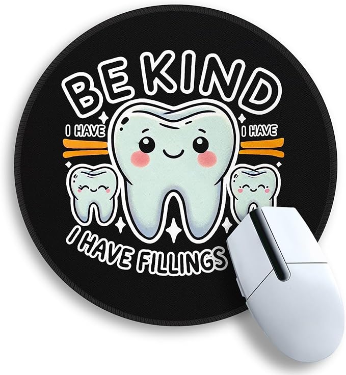Gctriki Funny Tooth Round Mouse Pad with Stitched Edge Non-Slip Rubber Base, Black Mouse Pad for Gaming Laptop Computer, Cute Home Office Desk Accessories Decor, Be Kind I Have Fillings Too