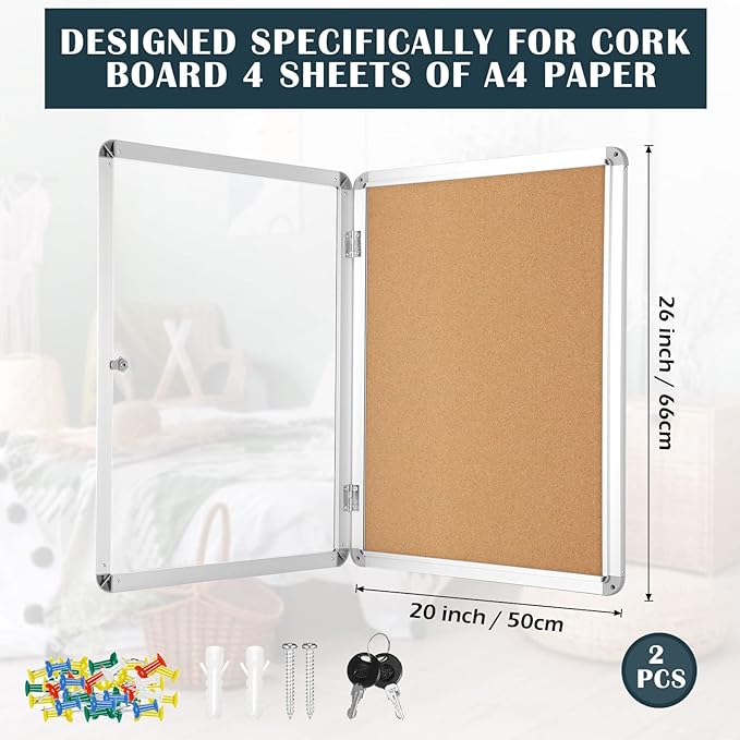 2 Pieces Enclosed Bulletin Board 26 x 20 Inch Lockable Notice Board Case Aluminum Framed Waterproof Noticeboards Cabinet with Mounting Screws for Office School Classroom Wall Display