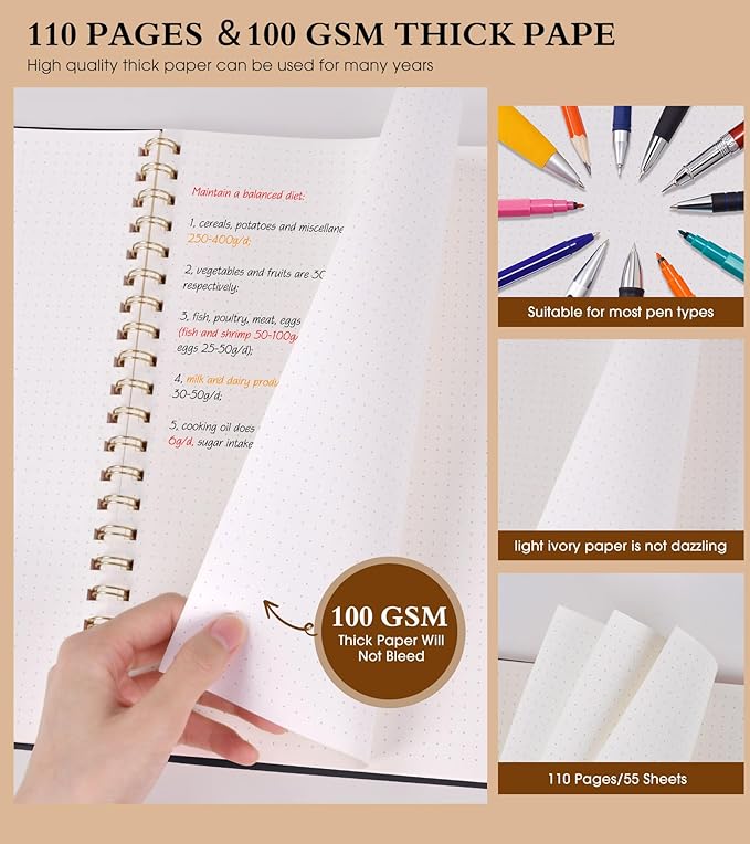 Dotted Notebook, Spiral Notebook Journal 8.5” x 11”, A4 Large Dot Grid Notebooks for Women Men, 100 GSM Dotted Paper, Plastic Hardcover Spiral Bullet Dotted Journals for Work School Sketching, Black