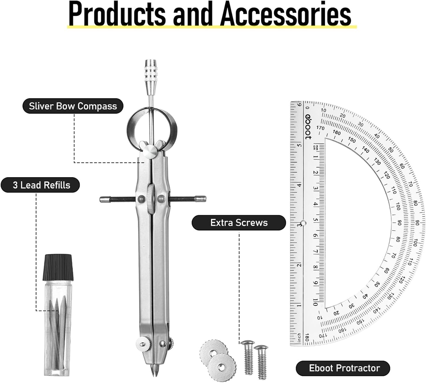 EBOOT Student Geometry Math Set, Drawing Compass and 6 Inch Clear Swing Arm Protractors 180 Degree Math Protractor (Silver)