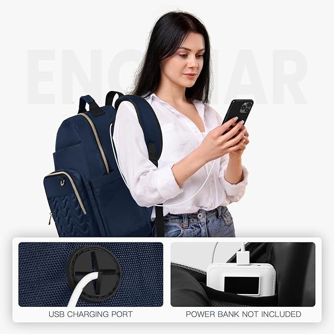 Travel Laptop Backpack for women, Work Backpack Woman with USB Charging Port, Water Resistant College Backpack, Stylish Quilted Girls Backpack Casual Daypack for 15.6 Inch Laptop, Navy