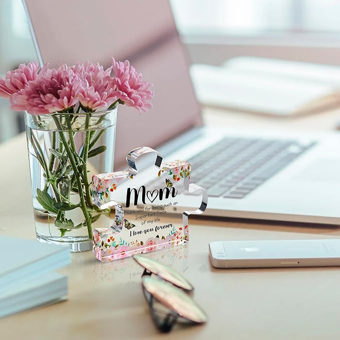 VELENTI Gifts for Mom - Cute Engraved Acrylic Block Puzzle Piece - Adorable Mum Gift from Son, Daughter - Fun Christmas, Mothers Day, Retirement Gift Idea - Fancy Decoration Piece for Home, Office